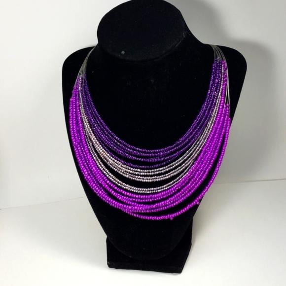 MIXIT Layered Beaded Necklace 20" Luxe Purple, Silver Festival Statement Jewelry - Picture 4 of 11